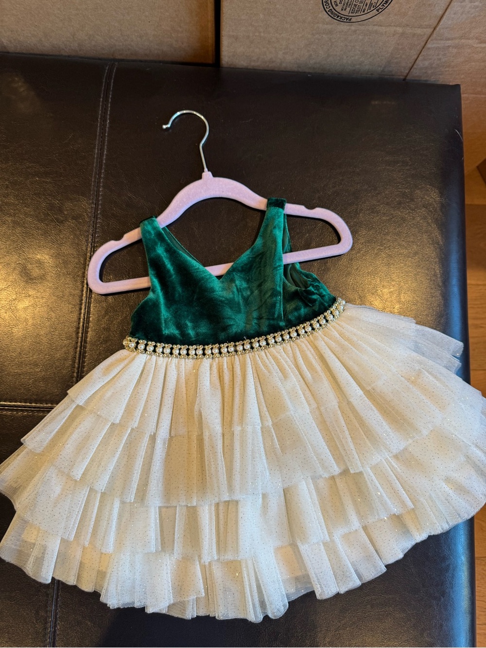 American Princess Green Velvet Bodice with Cream Sparkle Tulle Dress